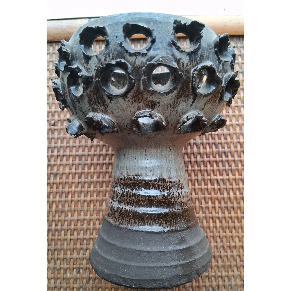 E. Glud Denmark studio pottery vase with textured, perforated rim/ ribbed base.